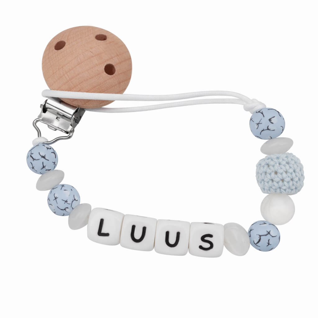 Gepersonaliseerd Siliconen Speenkoord met Naam – Blauw met Paardenbloem – BPA-vrij