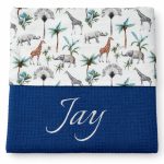 Donkerblauw wafelstof baby deken met geborduurde naam - olifant / palmboom / giraffe