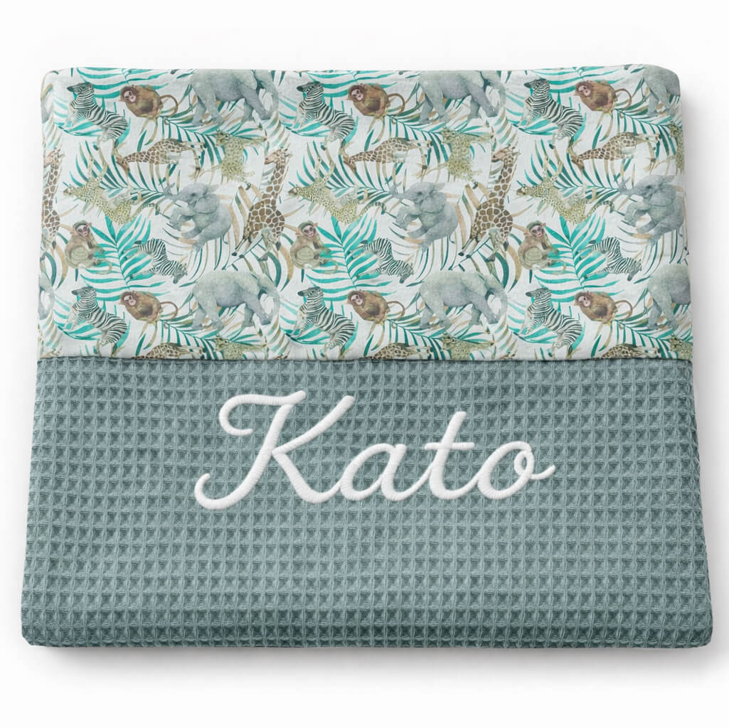 Katoenen baby deken met geborduurde naam - Safari print