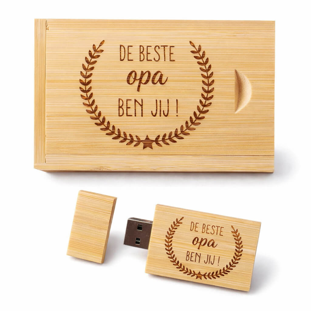 Cadeau Opa - Houten USB-stick met gravure "De beste opa ben jij!" - Persoonlijk opa geschenk - 32GB