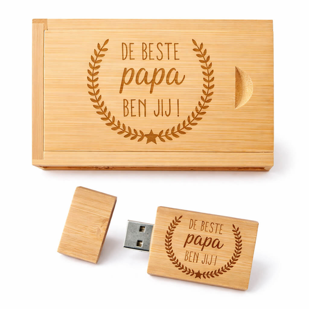 Cadeau Papa - Houten USB-stick met gravure "De beste papa ben jij!" - Origineel Vaderdag cadeau - 32 GB