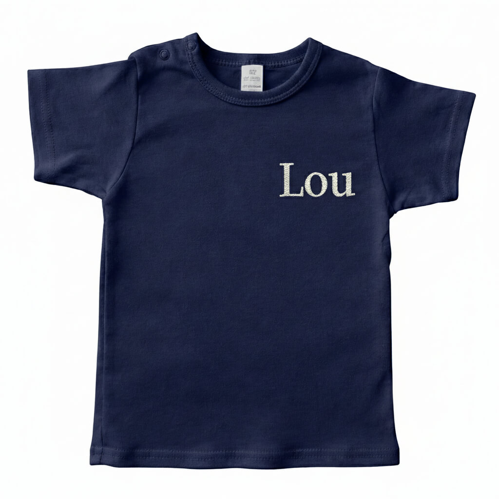 Blauw gepersonaliseerde t-shirt met geborduurde naam - MAAT 110 / 116