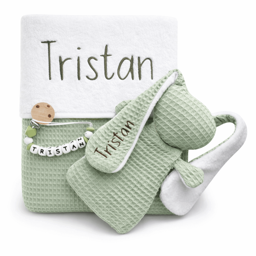Oud mint set kraamcadeau met naam geborduurd – baby deken / knuffel / speenkoord / muts / slab