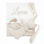 Beige wafeldeken kraampakket babypakket met geborduurde naam – Stel uw set samen: baby deken / knuffel / speenkoord / muts / slab