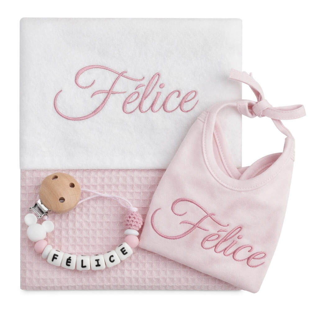 Luxe Baby Cadeau Set - geboortepakket met Naam Geborduurd - Lichtroze Wafel