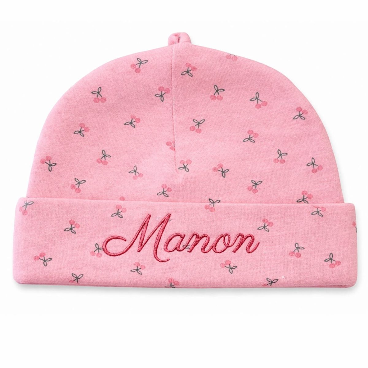 Roze baby newborn muts met naam - kersen