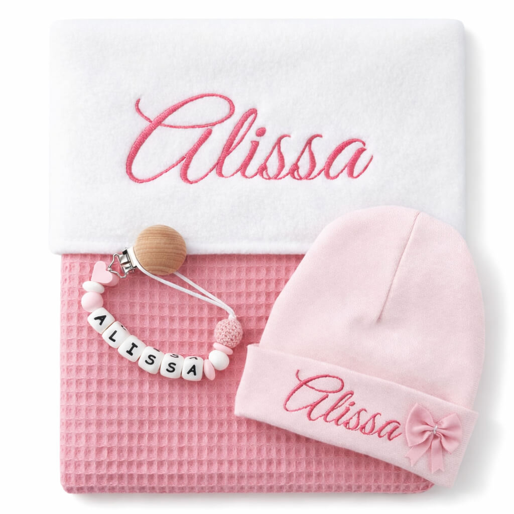 Gepersonaliseerd Kraamcadeau Meisje met Naam – Koraal Roze Baby Set – Uniek Geboortecadeau