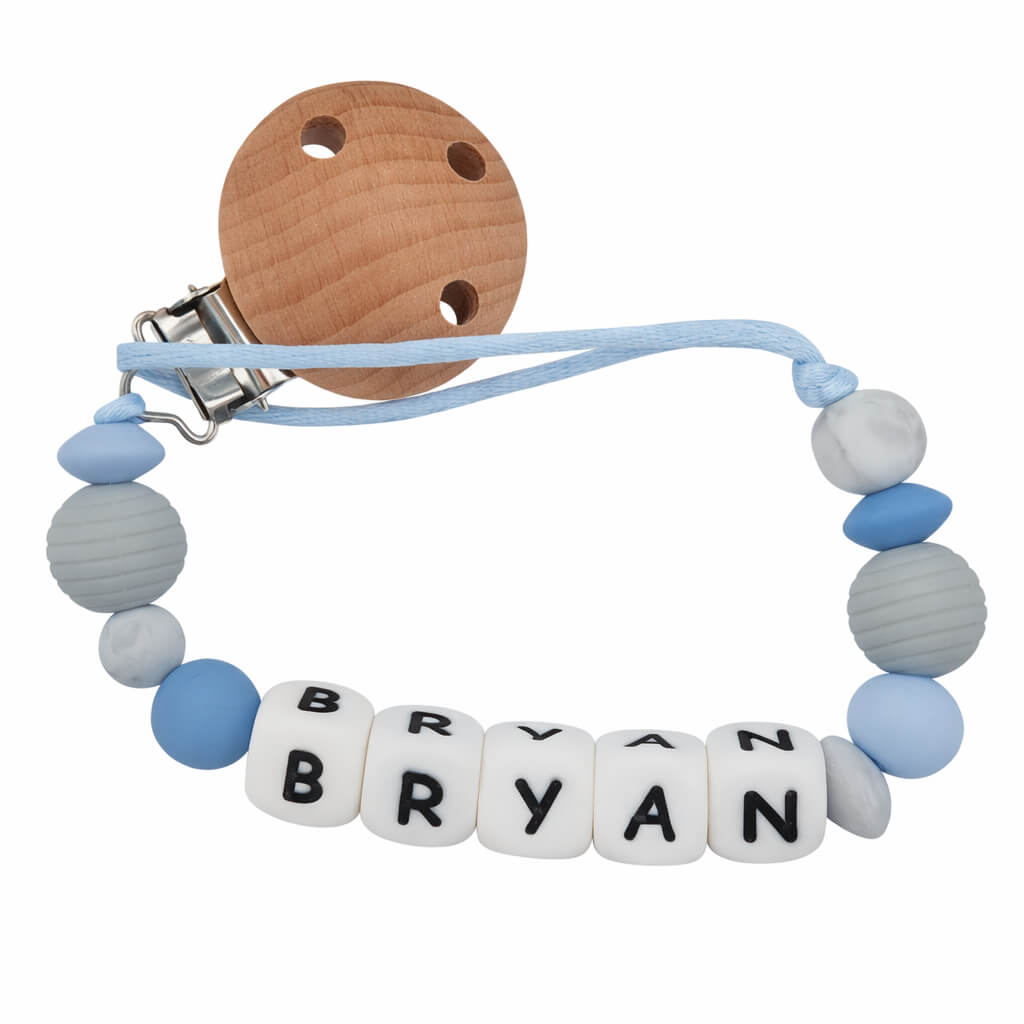 Gepersonaliseerd Speenkoord met Naam jongen – Siliconen & Hout – Blauw, Grijs & Wit