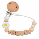Speenkoord met Naam  – Beige Siliconen & Hout met Madeliefje – Gepersonaliseerd Kraamcadeau