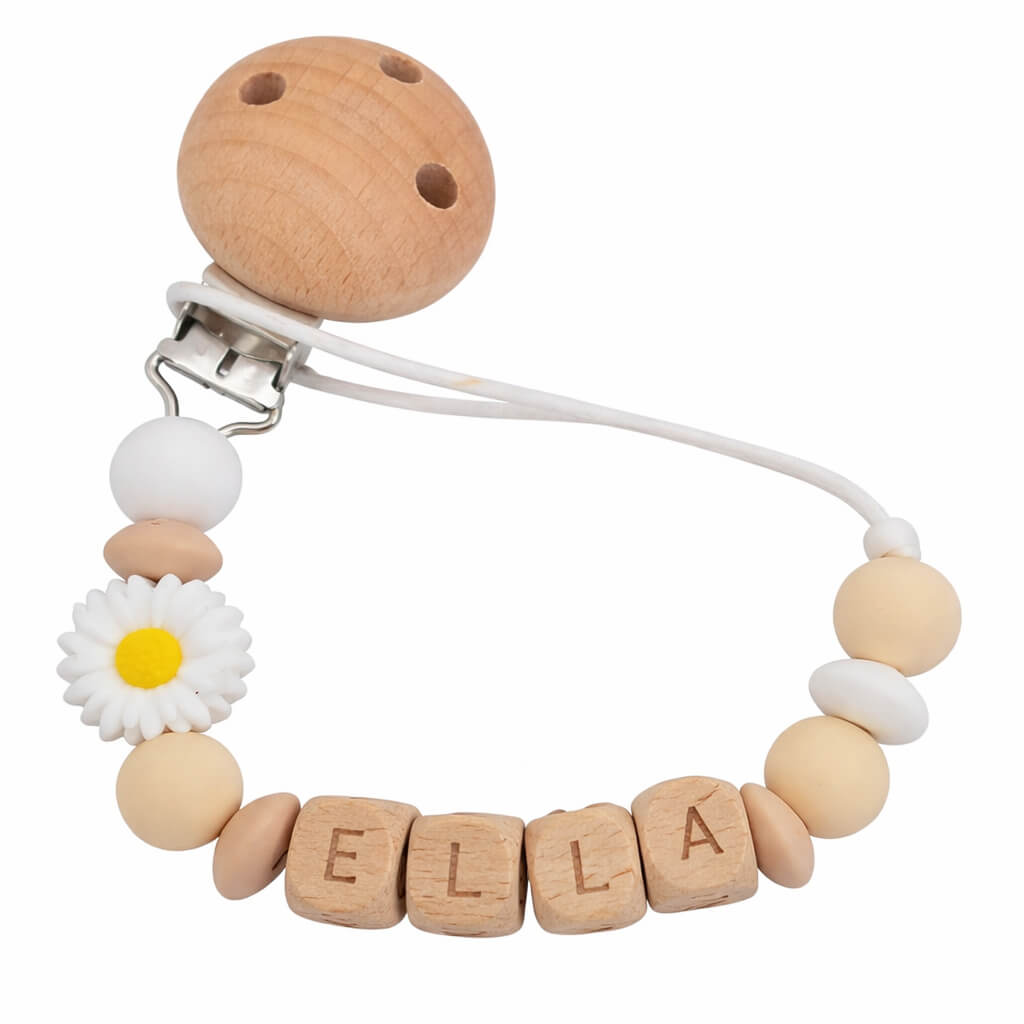 Speenkoord met Naam  – Beige Siliconen & Hout met Madeliefje – Gepersonaliseerd Kraamcadeau
