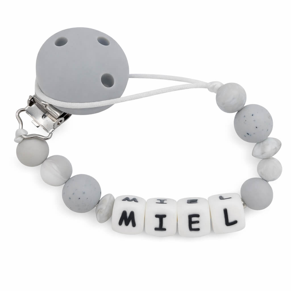 Siliconen speenkoord met naam – Gemêleerd Grijs – Monochrome Look