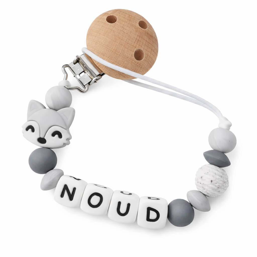 Speenkoord met naam vos – Grijs & Antraciet – Siliconen met houten clip
