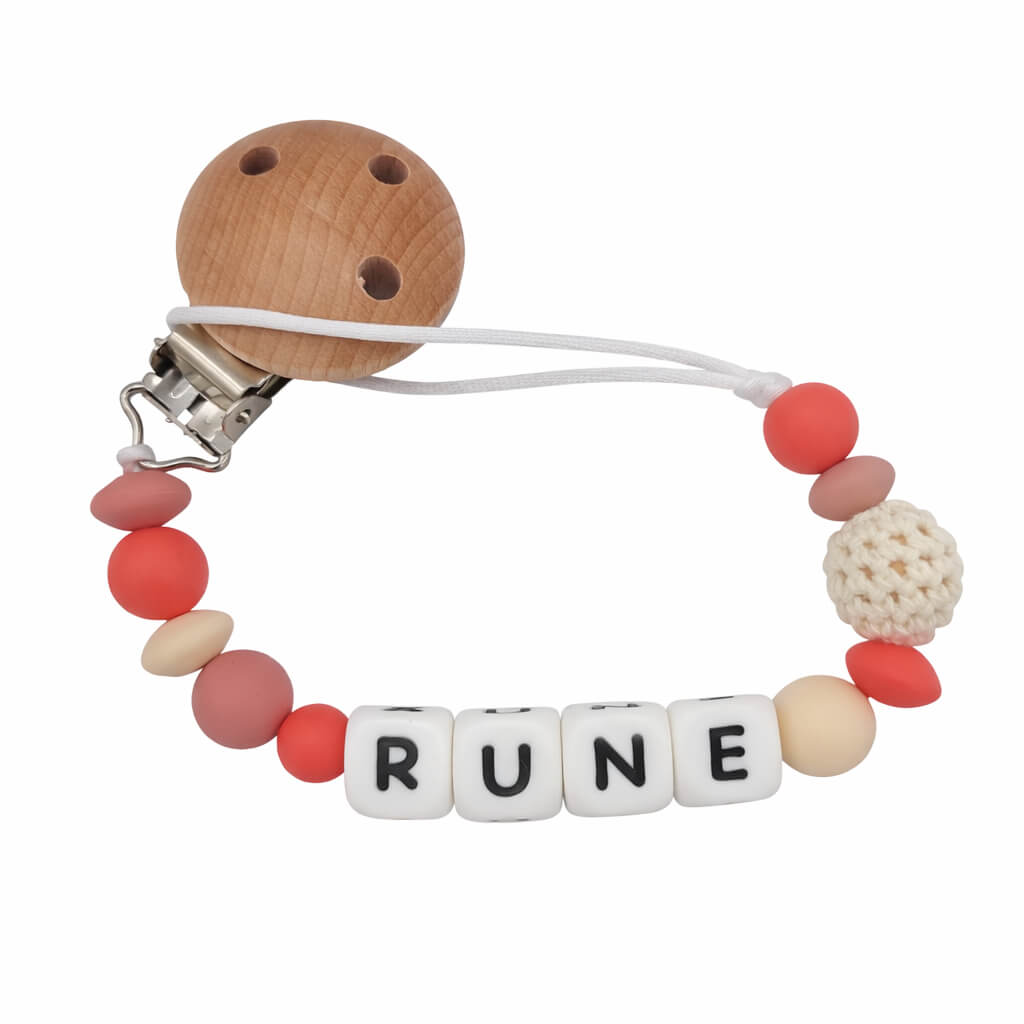 Gepersonaliseerd Speenkoord met Naam -  Boho kleuren & Naturel Hout