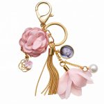 Goudkleurige Gepersonaliseerde Sleutelhanger foto – Luxe Tasbedel met Foto/Tekst, Roze Bloem & Kwastje – 16,5 cm
