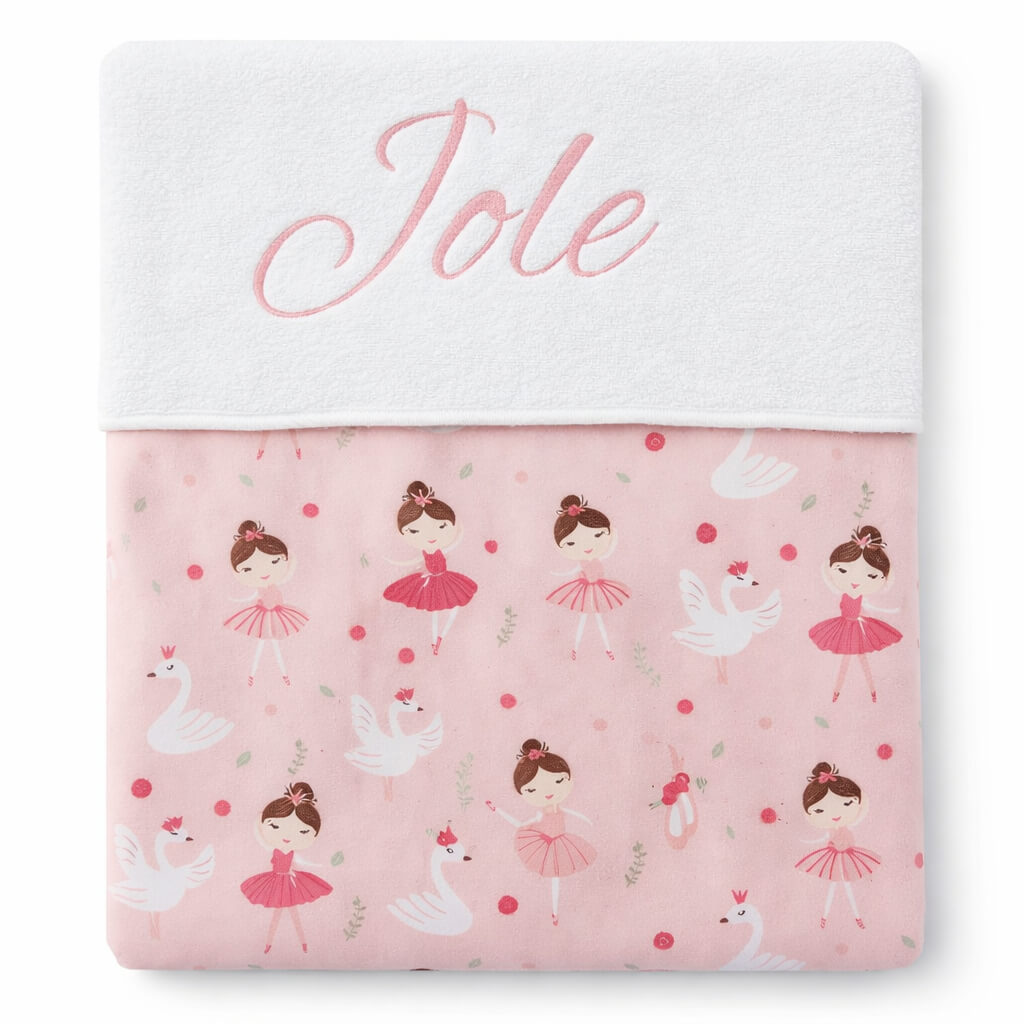 Geborduurd roze ledikant / kinder fleece deken met naam - zwanen en ballerina's