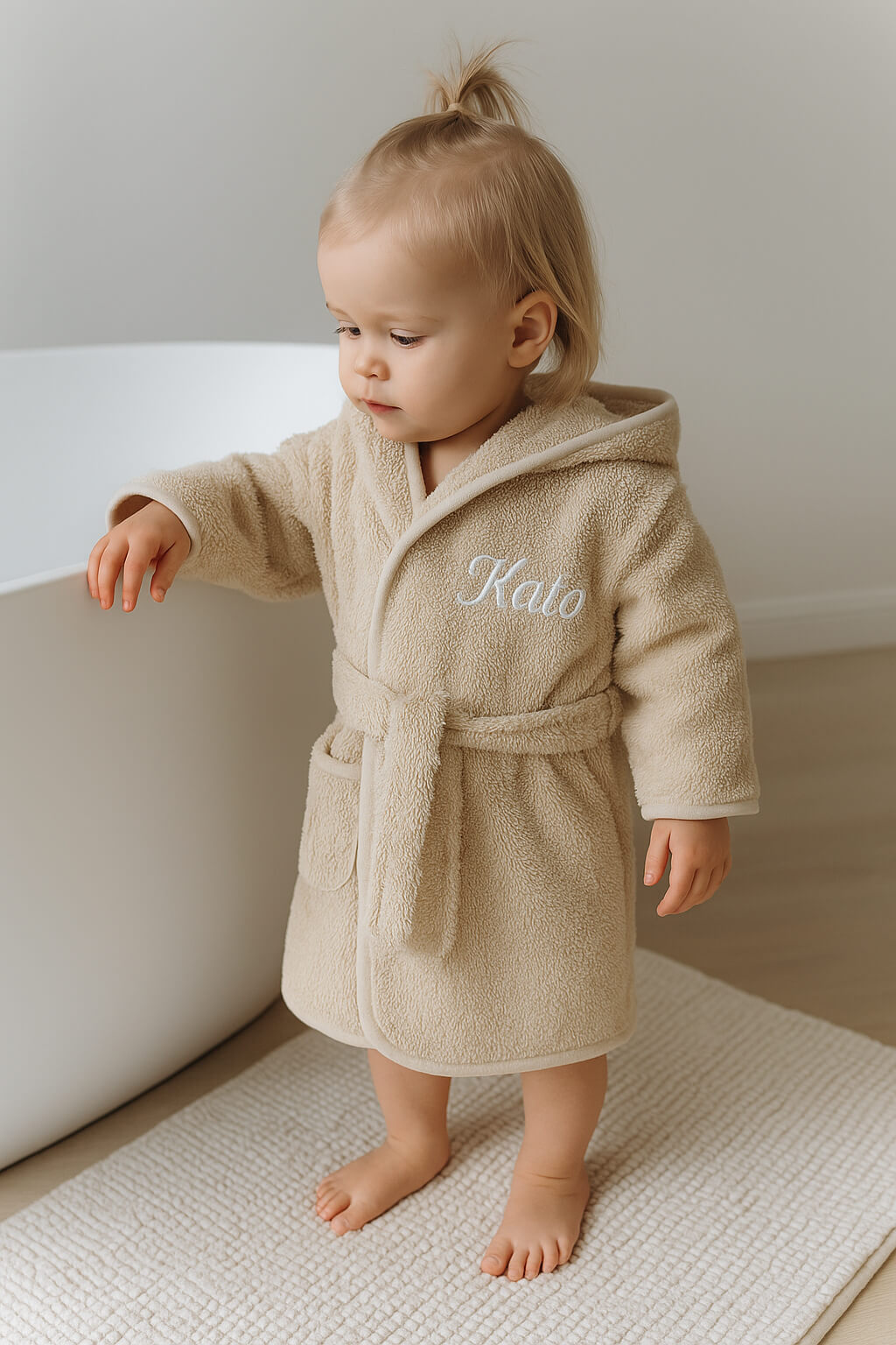 Beige peuter / kleuter / baby badjas met naam geborduurd