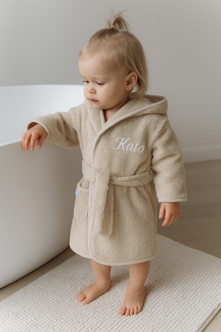 Beige peuter / kleuter / baby badjas met naam geborduurd