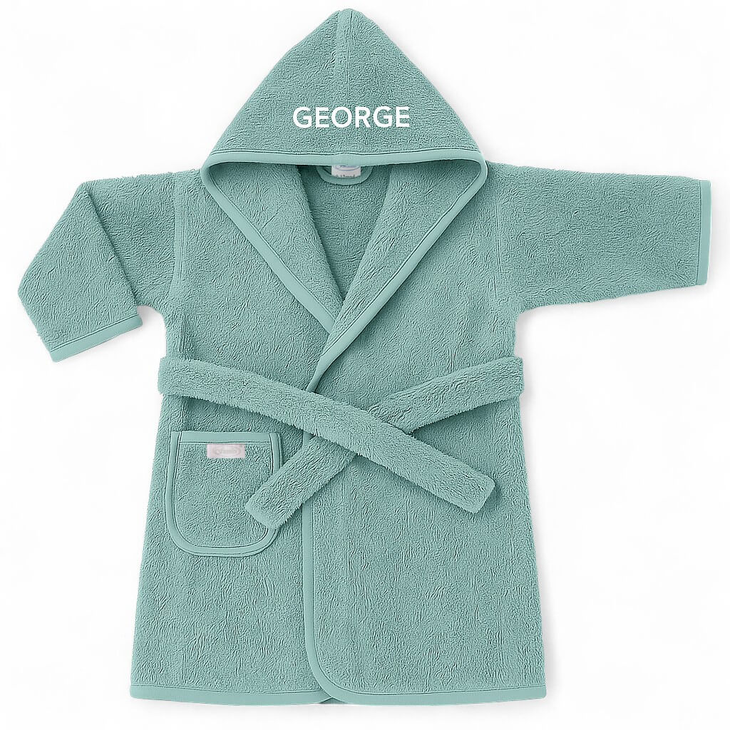 Groene kleuter / peuter / baby badjas met naam geborduurd