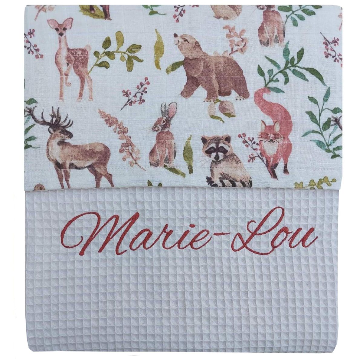 Beige dieren dekentje met naam geborduurd van tetrastof en wafelstof