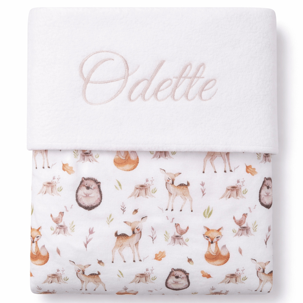 Gepersonaliseerd baby dieren dekentje met naam geborduurd - egel / vogel / vosje / hertje