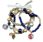 Mooie gepersonaliseerde parel armband met blauwe en gouden parels 1