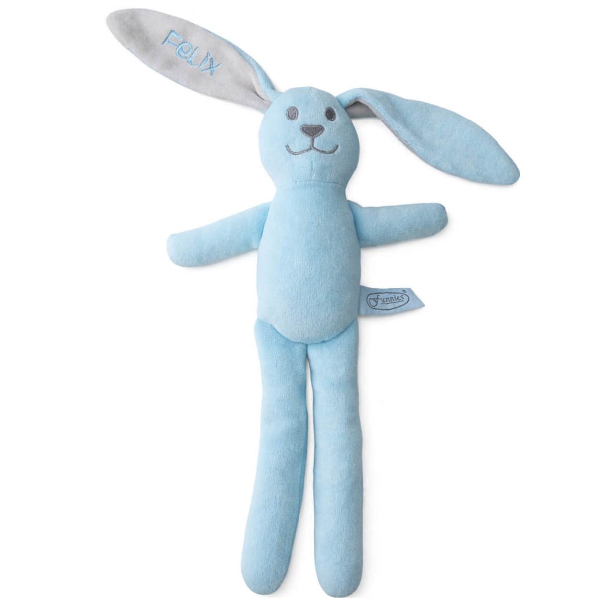 Licht blauw baby knuffelkonijn met naam geborduurd en rammel geluidje