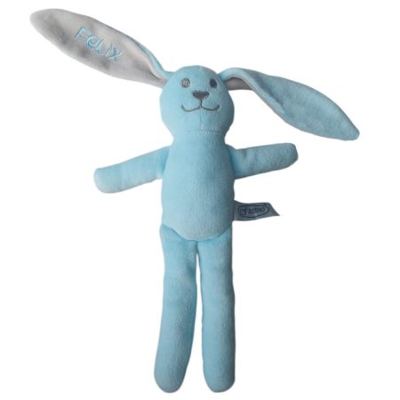 Licht blauw baby knuffelkonijn met naam geborduurd en rammel geluidje
