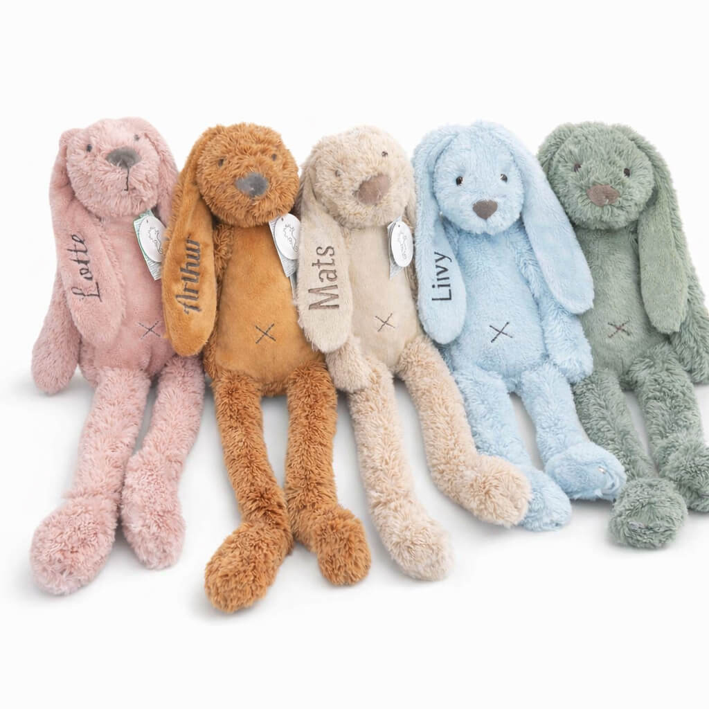 Rabbit Richie Happy Horse met naam / geboortedatum geborduurd - 28 of 38cm