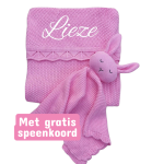 Roze gebreid baby deken met naam geborduurd - ruffle