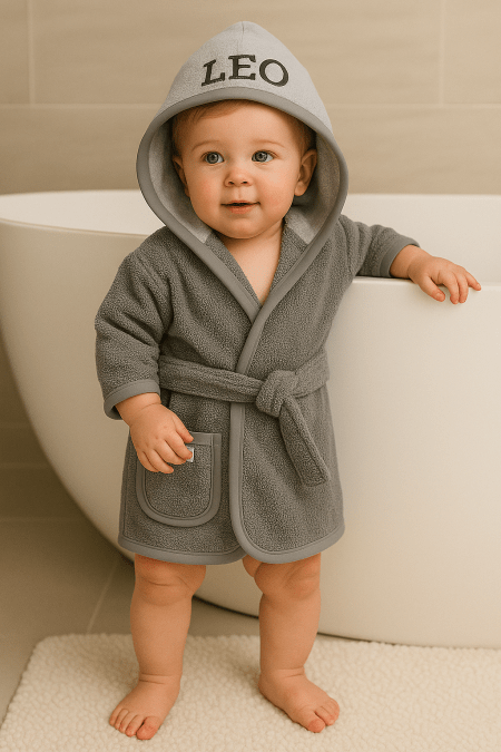 Grijze baby / peuter badjas met naam geborduurd