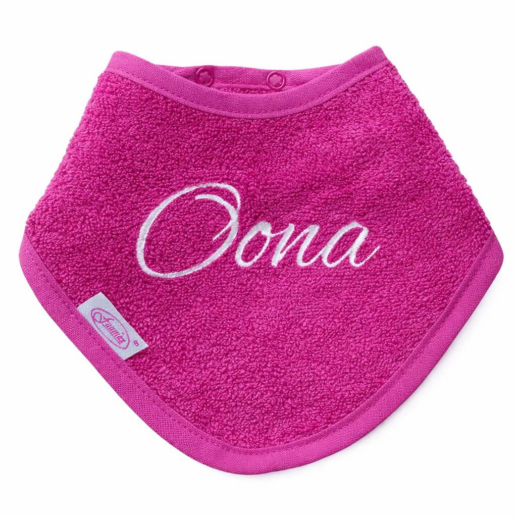 Gepersonaliseerde Bandana Slab met Naam – Fuchsia Katoenen Kwijlslab – Geborduurd Cadeau