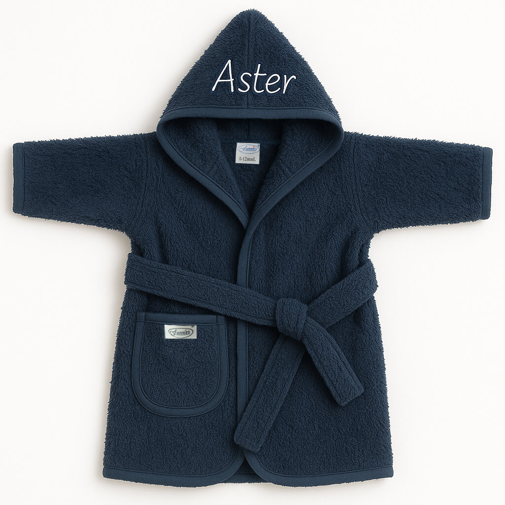 Marineblauwe baby badjas met naam geborduurd - 0-12 maand