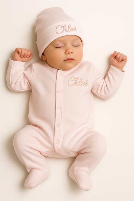 Licht roze geborduurd baby kruippakje / boxpakje / pyjama met naam
