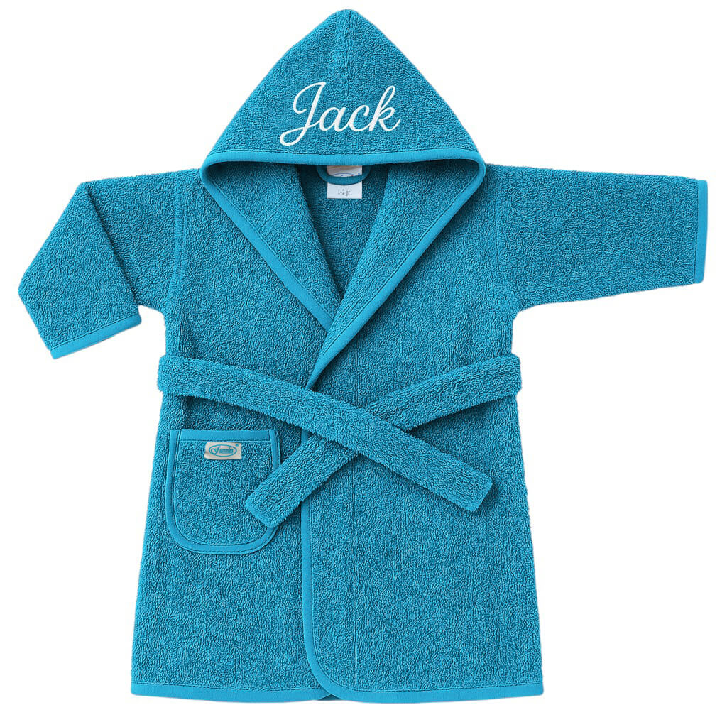Azuur blauwe baby badjas met naam geborduurd