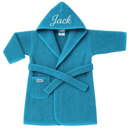 Azuur blauwe baby badjas met naam geborduurd