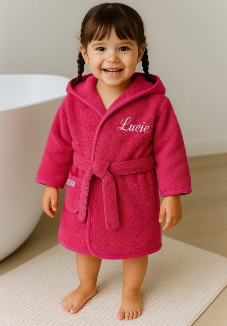 Fuchsia peuter / baby badjas met geborduurde naam