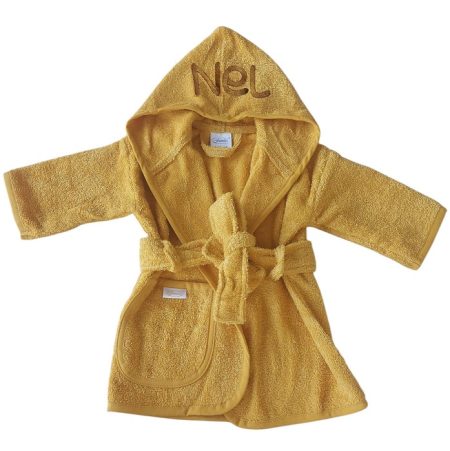 Oker gele baby / peuter / kinder badjas met naam geborduurd
