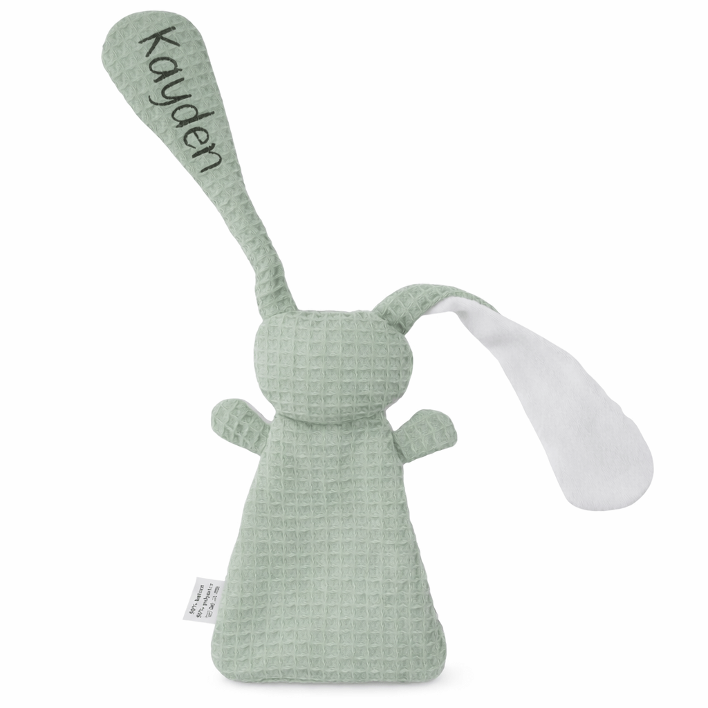Gepersonaliseerde Knuffel met Naam – Handgemaakt – konijn – Wafelstof oud mint