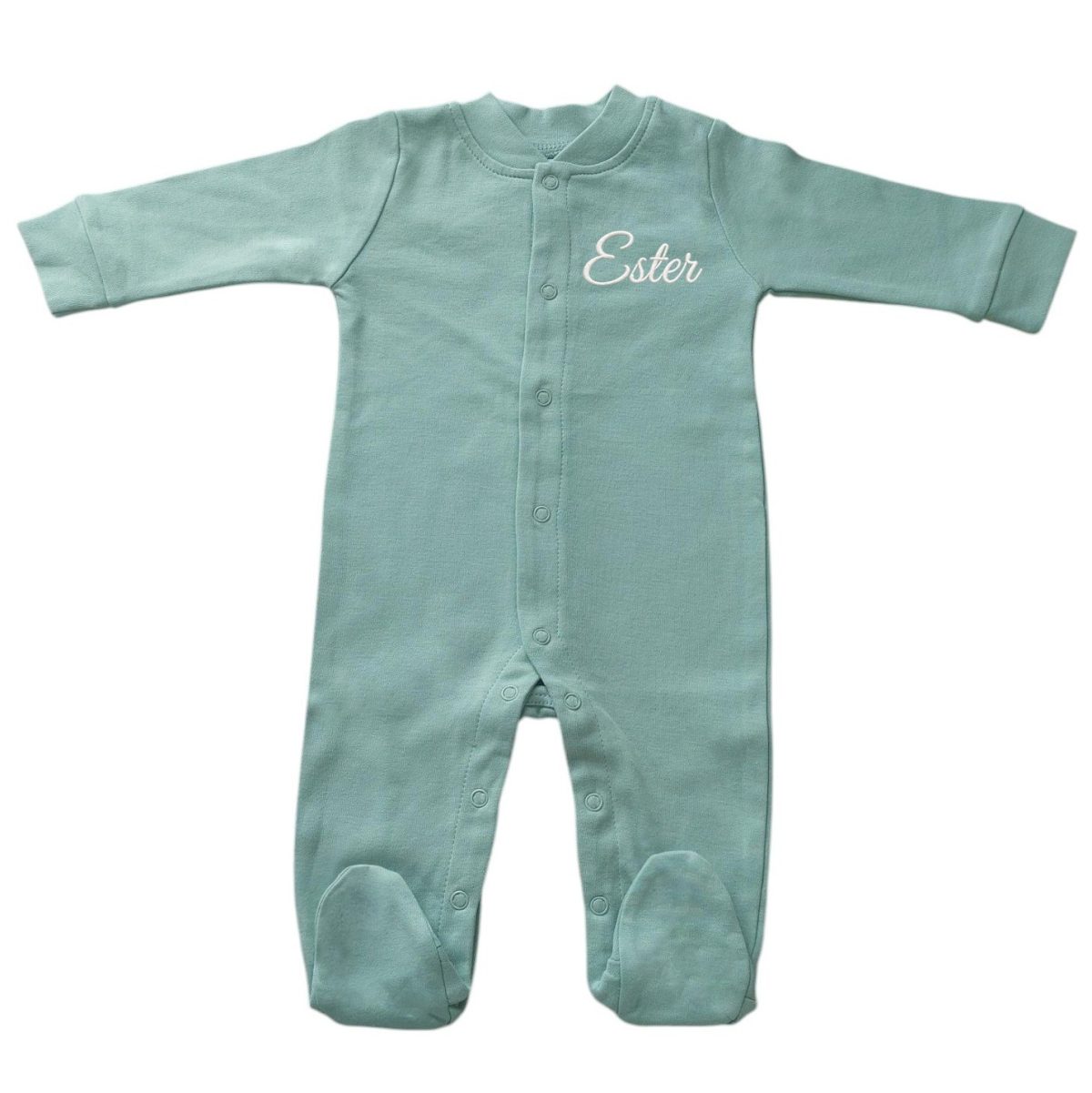 Groen geborduurd baby kruippakje / boxpakje / pyjama met naam