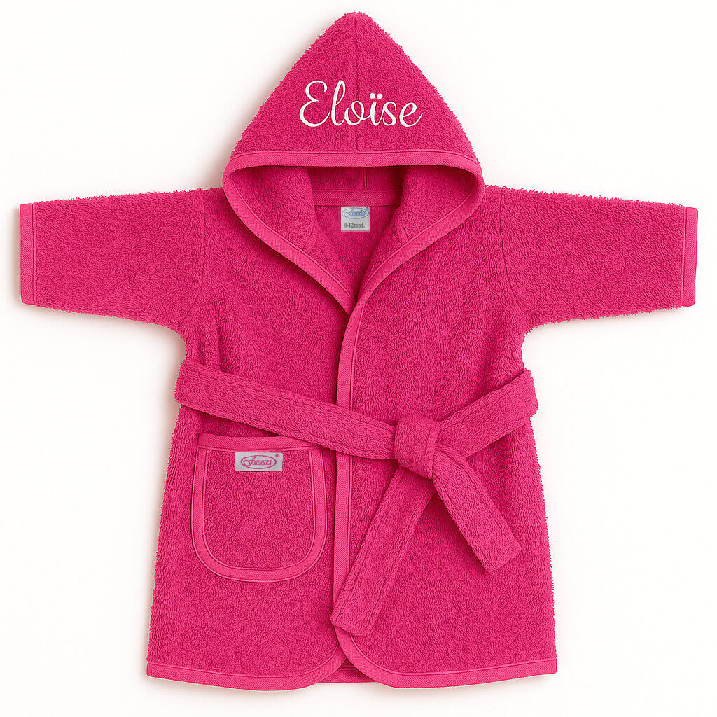 Fuchsia peuter / baby / kinder badjas met geborduurde naam - TOT 10 jaar