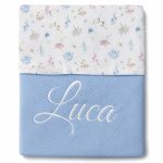 Licht blauw baby dekentje met naam geborduurd/ Lelie - pluim – hortensia