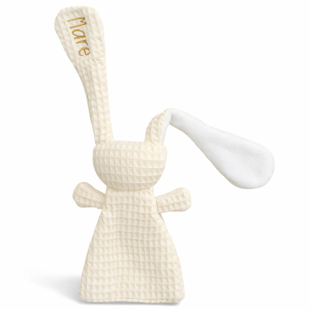 Gepersonaliseerde Wafelstof Knuffel met Naam – Geborduurd Kraamcadeau - Crème 