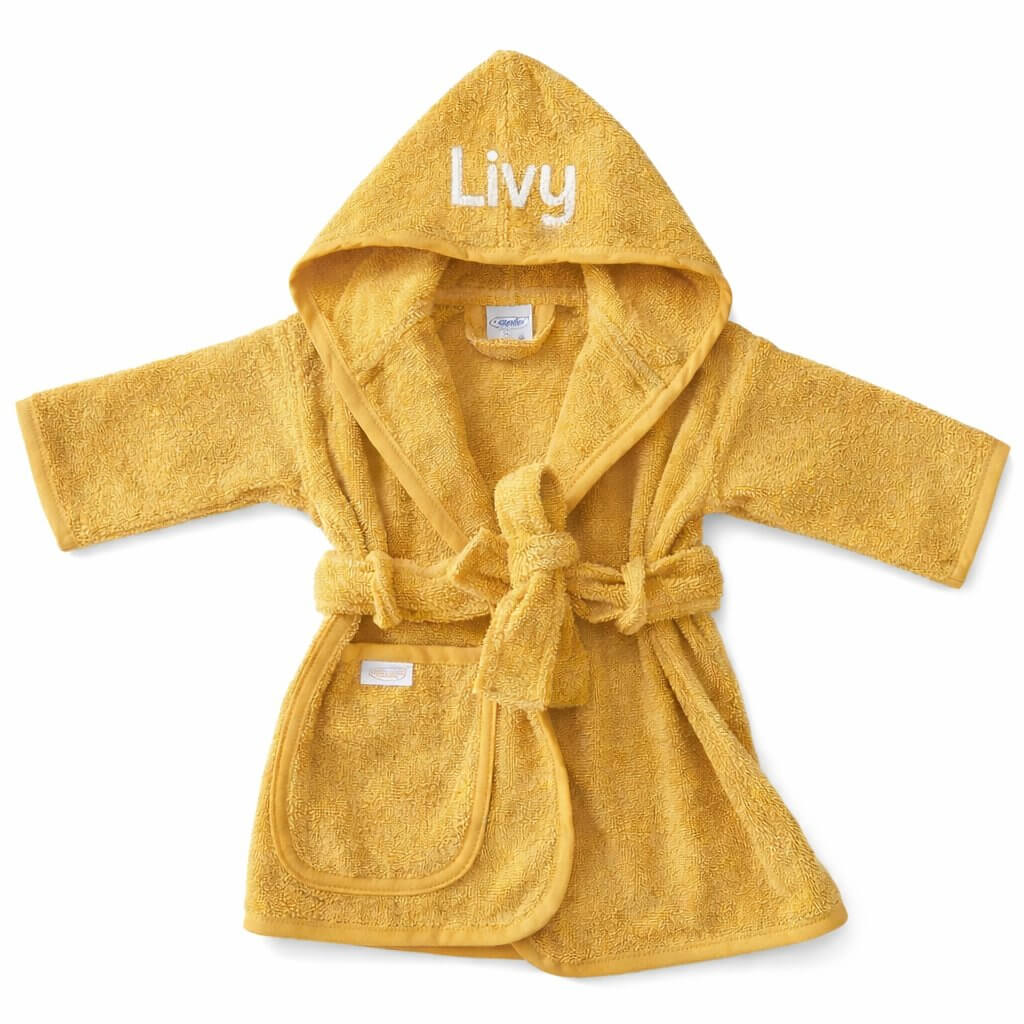 Oker gele baby / peuter / kinder badjas met naam geborduurd