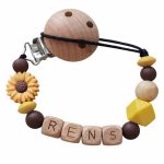 Speenkoord met naam zonnebloem – Gepersonaliseerd Hout & Siliconen – Okergeel & Bruin