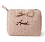 Gewatteerde tetra Toilettas met Naam geborduurd en Strik - Dusty Peach