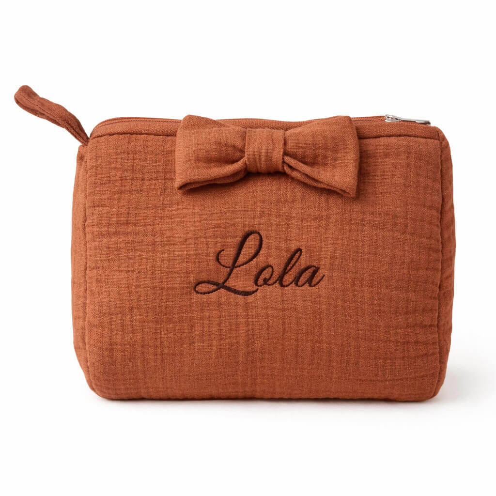 Gewatteerde tetra Toilettas met Naam geborduurd en Strik - Terracotta