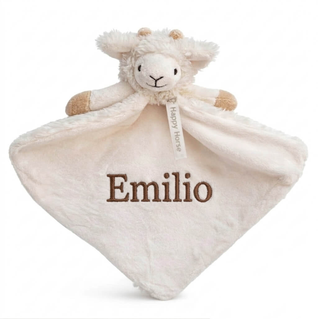Happy Horse met naam geborduurd - Churro sheep - schaap Churro knuffeldoekje