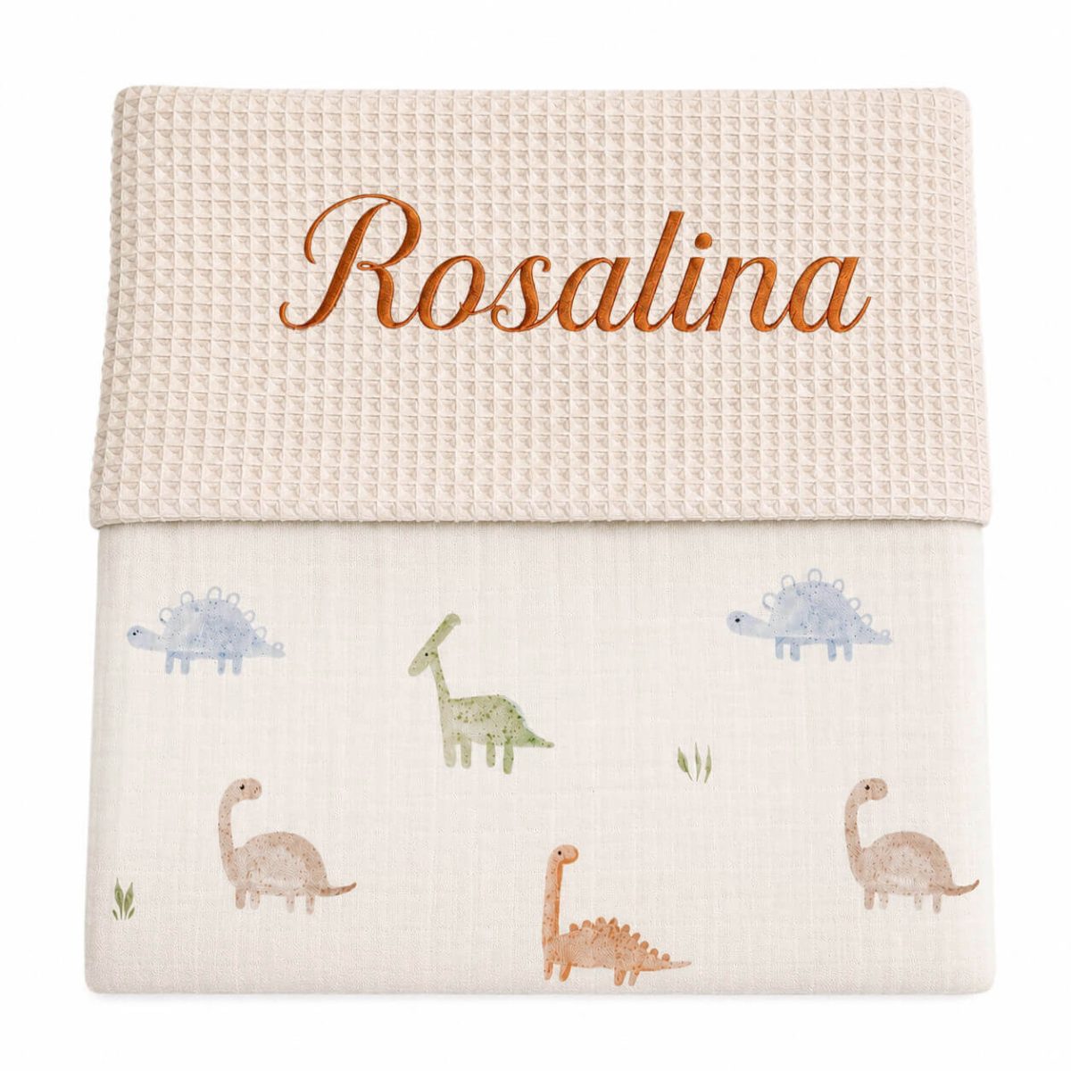 Gepersonaliseerd Babydekentje met Naam – Beige Wafelstof & Hydrofiel – Dino