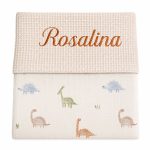 Gepersonaliseerd Babydekentje met Naam – Beige Wafelstof & Hydrofiel – Dino