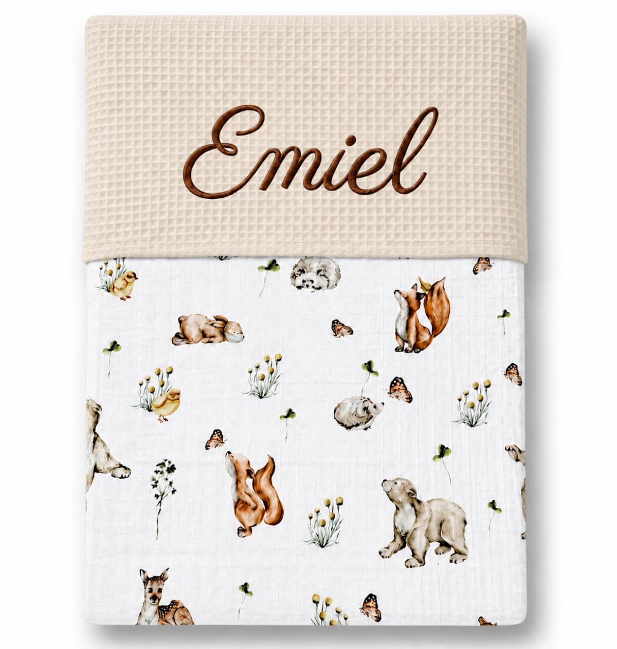 Gepersonaliseerd Babydekentje met Naam – Beige Wafelstof & Hydrofiel – Print van diertjes